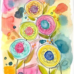 Happy Day Original Colorful Child Like Flowers Art Watercolor Painting 11x14in